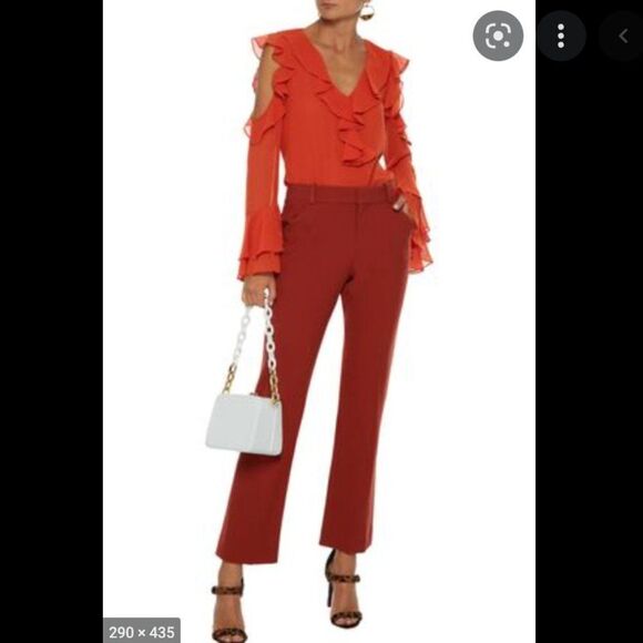 DIANE VON FURSTENBERG Essie Cold Shoulder Ruffled Chiffon Top In Brick - Picture 10 of 10